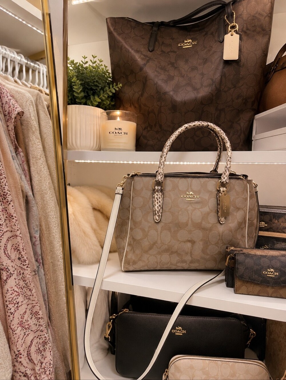 Coach Signature Mini Sage Satchel Crossbody Khaki Ivory Snake Print Handles Purs